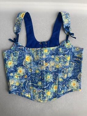 Handmade Van Gogh Starry Night Corset Top M Lace Up Boned Cotton Bustier